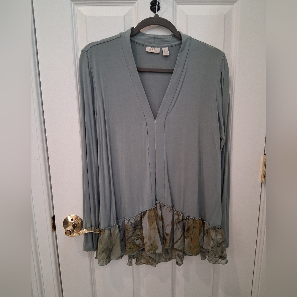 LOGO by Lori Goldstein Blue Cardigan with Floral Ruffle